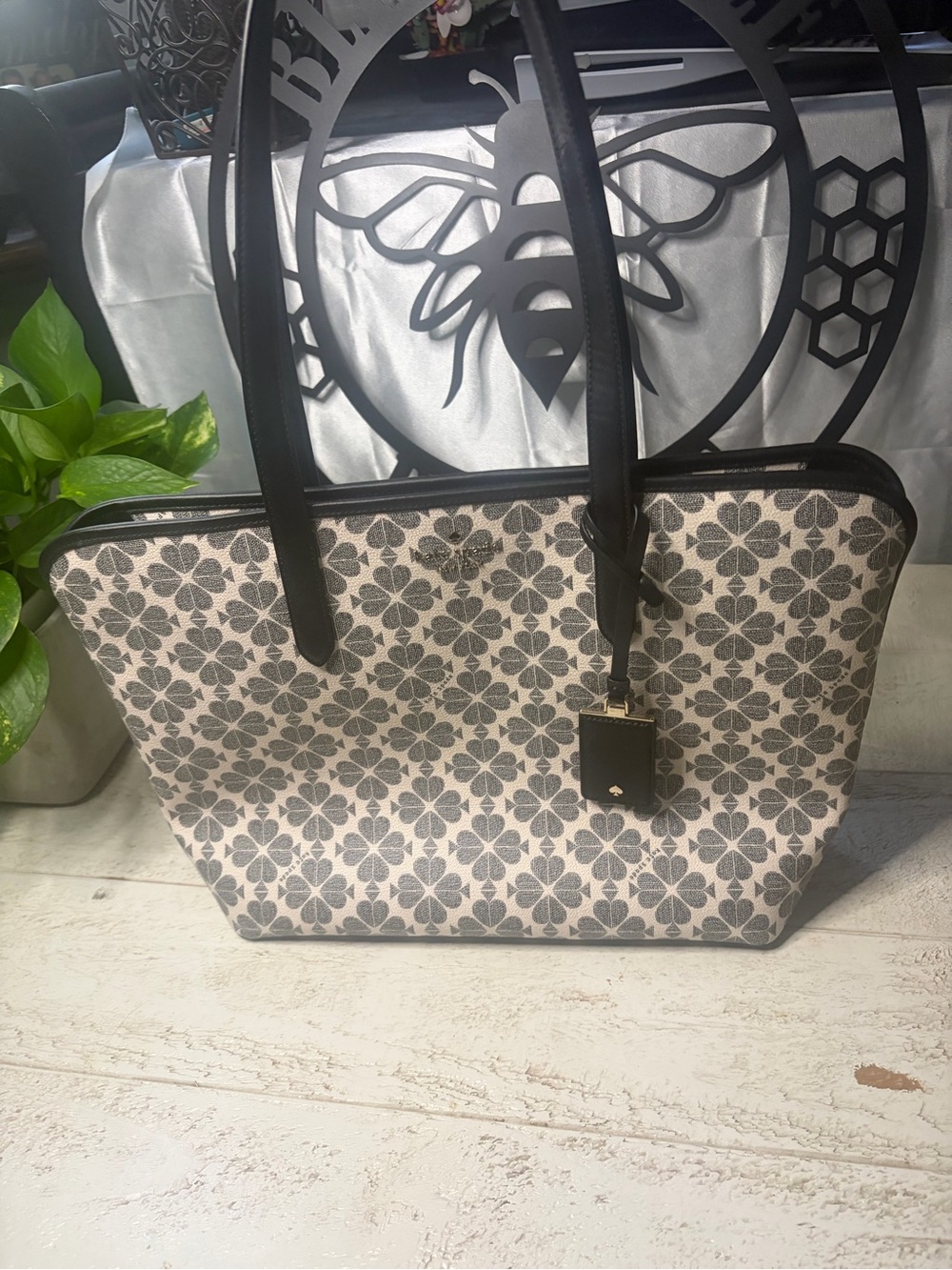 kate spade Black and Cream Floral-Pattern Tote